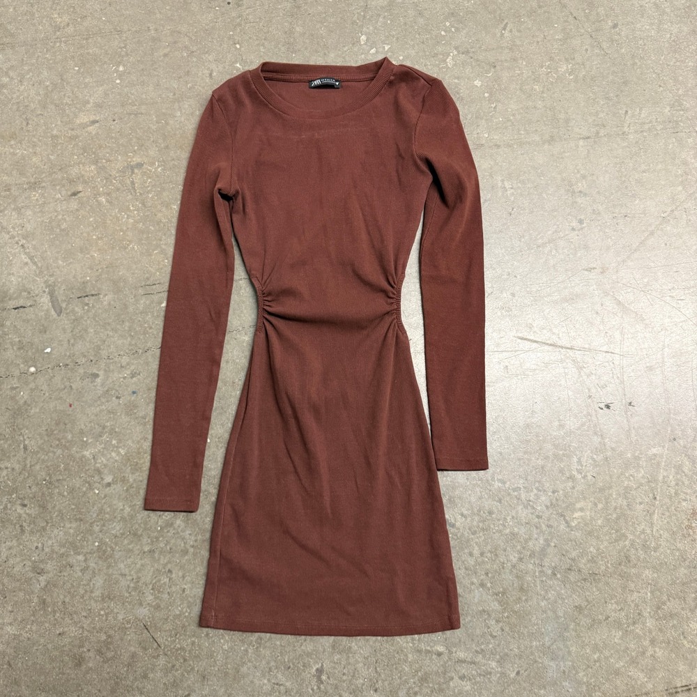 Zara Womens Ribbed Knit Side Cut‎ Out Mini Dress Long Sleeve Brown Size Small